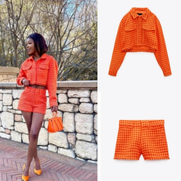 ZARA Hot Burnt Sienna Orange Spring Colour Chanel Vouge  Houndstooth Tweed NWT - Picture 8 of 15
